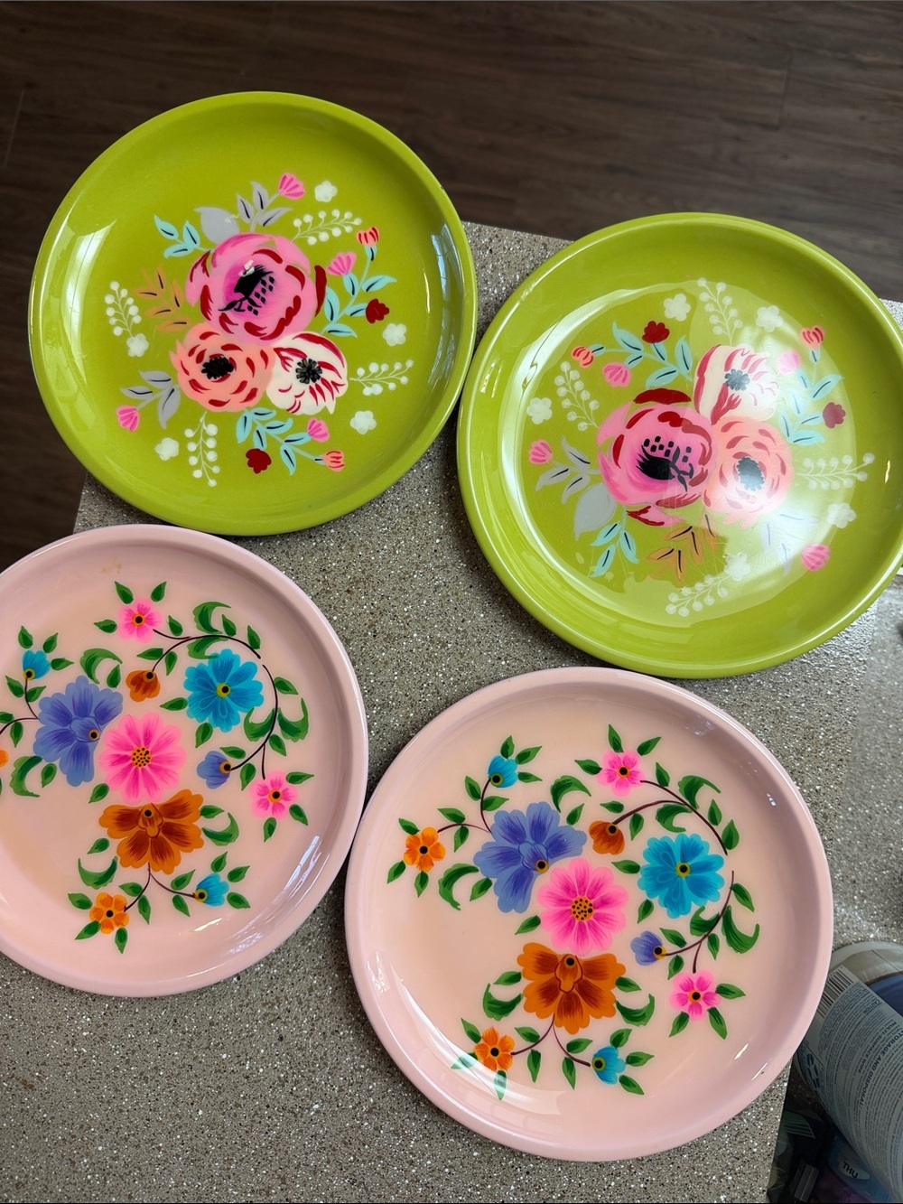Set of 4 Floral Melamine Dinner Plates - Pink & Lime